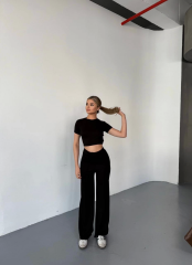 Osy Modal Yumuşak Dokulu Kumaş Kısa Kollu Crop Rahat Pantalon ikili Takım - Siyah