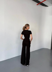 Osy Modal Yumuşak Dokulu Kumaş Kısa Kollu Crop Rahat Pantalon ikili Takım - Siyah