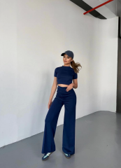 Osy Modal Yumuşak Dokulu Kumaş Kısa Kollu Crop Rahat Pantalon ikili Takım - Lacivert