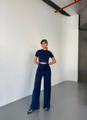 Osy Modal Yumuşak Dokulu Kumaş Kısa Kollu Crop Rahat Pantalon ikili Takım - Lacivert