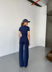 Osy Modal Yumuşak Dokulu Kumaş Kısa Kollu Crop Rahat Pantalon ikili Takım - Lacivert