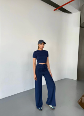Osy Modal Yumuşak Dokulu Kumaş Kısa Kollu Crop Rahat Pantalon ikili Takım - Lacivert