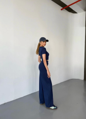 Osy Modal Yumuşak Dokulu Kumaş Kısa Kollu Crop Rahat Pantalon ikili Takım - Lacivert