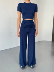 Osy Modal Yumuşak Dokulu Kumaş Kısa Kollu Crop Rahat Pantalon ikili Takım - Lacivert