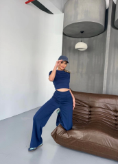 Osy Modal Yumuşak Dokulu Kumaş Kısa Kollu Crop Rahat Pantalon ikili Takım - Lacivert