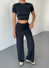 Osy Modal Yumuşak Dokulu Kumaş Kısa Kollu Crop Rahat Pantalon ikili Takım - Füme