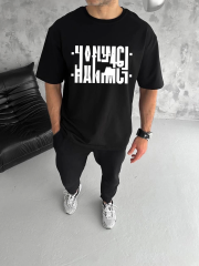 Unisex Bisiklet Yaka Katlanan Baskılı T-Shirt - Siyah