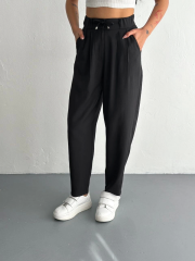 Tencel Kadın Yüksel Bel Beli Bağcıklı Rahat Cepli Boru Paça Pantalon - Siyah