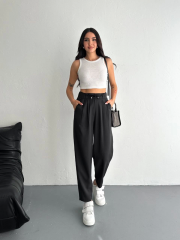 Tencel Kadın Yüksel Bel Beli Bağcıklı Rahat Cepli Boru Paça Pantalon - Siyah