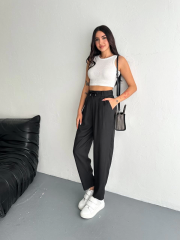 Tencel Kadın Yüksel Bel Beli Bağcıklı Rahat Cepli Boru Paça Pantalon - Siyah