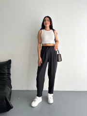 Tencel Kadın Yüksel Bel Beli Bağcıklı Rahat Cepli Boru Paça Pantalon - Siyah