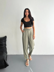 Tencel Kadın Yüksel Bel Beli Bağcıklı Cepli Rahat Paça Pantalon - Su Yeşili