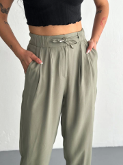 Tencel Kadın Yüksel Bel Beli Bağcıklı Cepli Rahat Paça Pantalon - Su Yeşili