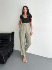 Tencel Kadın Yüksel Bel Beli Bağcıklı Cepli Rahat Paça Pantalon - Su Yeşili