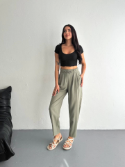 Tencel Kadın Yüksel Bel Beli Bağcıklı Cepli Rahat Paça Pantalon - Su Yeşili