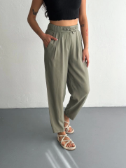 Tencel Kadın Yüksel Bel Beli Bağcıklı Cepli Rahat Paça Pantalon - Su Yeşili