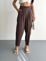 Tencel Kadın Yüksel Bel Rahat Boru Paça Pantalon - Kahverengi
