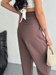 Tencel Kadın Yüksel Bel Rahat Boru Paça Pantalon - Kahverengi