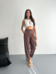 Tencel Kadın Yüksel Bel Rahat Boru Paça Pantalon - Kahverengi