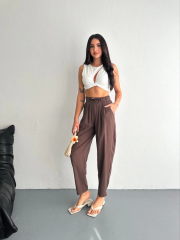 Tencel Kadın Yüksel Bel Rahat Boru Paça Pantalon - Kahverengi