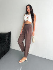 Tencel Kadın Yüksel Bel Rahat Boru Paça Pantalon - Kahverengi