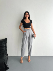 Tencel Kadın Yüksel Bel Beli Bağcıklı Rahat Boru Paça Pantalon - Füme