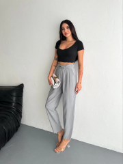 Tencel Kadın Yüksel Bel Beli Bağcıklı Rahat Boru Paça Pantalon - Füme