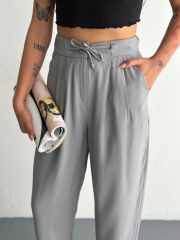Tencel Kadın Yüksel Bel Beli Bağcıklı Rahat Boru Paça Pantalon - Füme