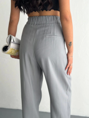 Tencel Kadın Yüksel Bel Beli Bağcıklı Rahat Boru Paça Pantalon - Füme