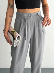Tencel Kadın Yüksel Bel Beli Bağcıklı Rahat Boru Paça Pantalon - Füme