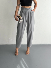 Tencel Kadın Yüksel Bel Beli Bağcıklı Rahat Boru Paça Pantalon - Füme
