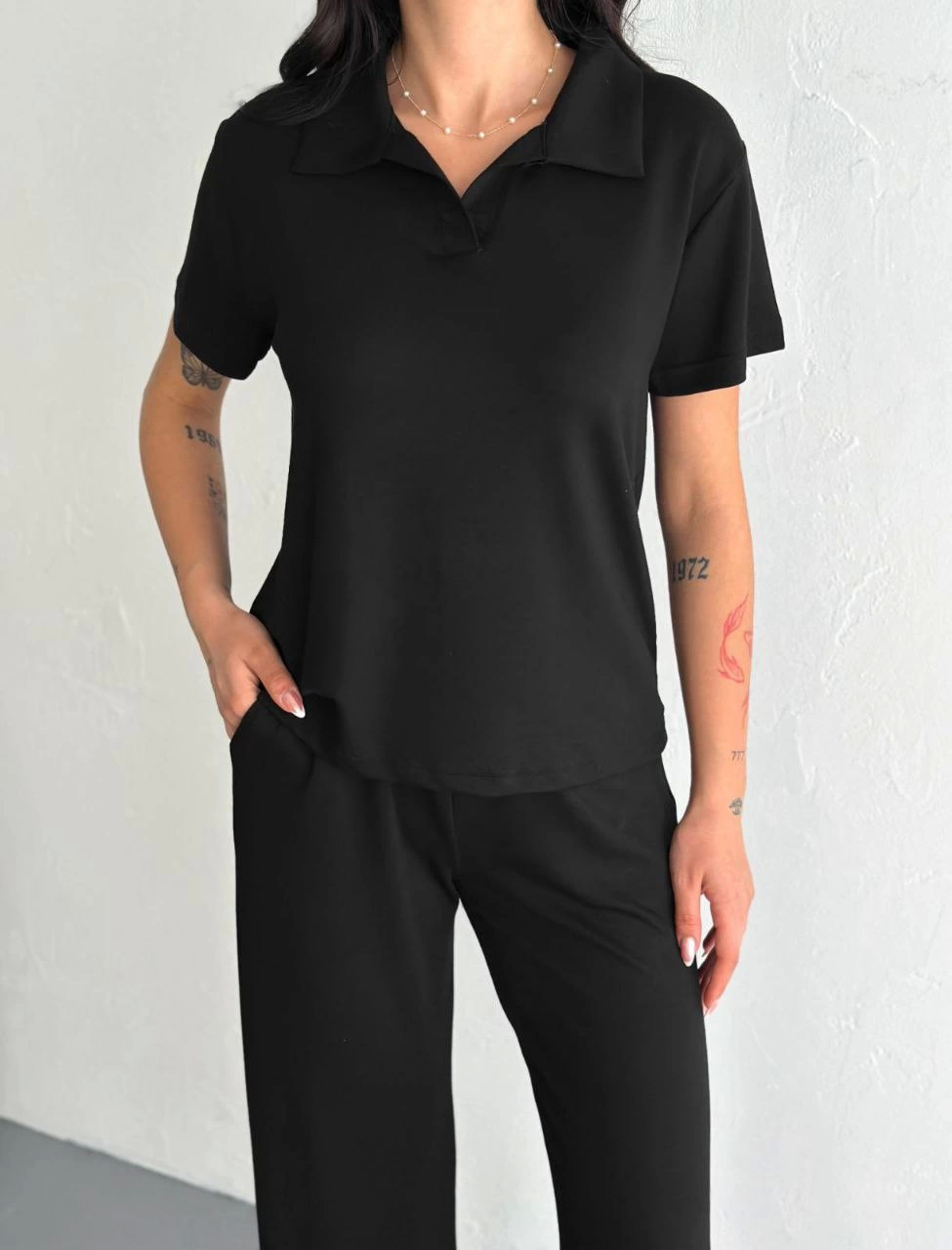 Osy Modal Yumuşak Dokulu Kumaş Kısa Kollu Yakalı T-shirt Pantalon ikili Takım- Siyah