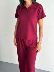 Osy Modal Yumuşak Dokulu Kumaş Kısa Kollu Yakalı T-shirt Pantalon ikili Takım- Bordo