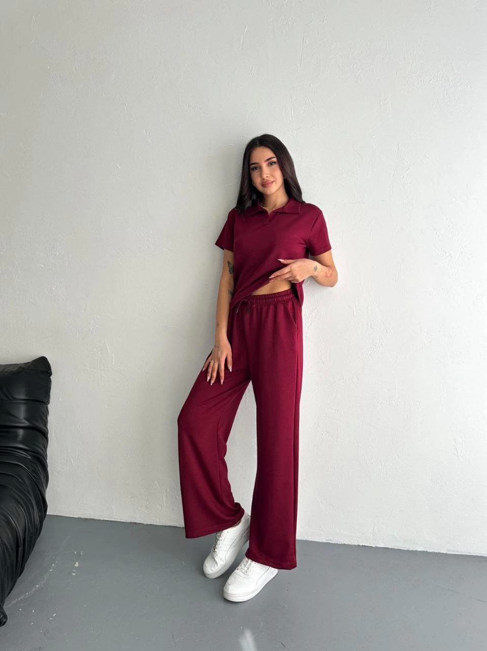 Osy Modal Yumuşak Dokulu Kumaş Kısa Kollu Yakalı T-shirt Pantalon ikili Takım- Bordo