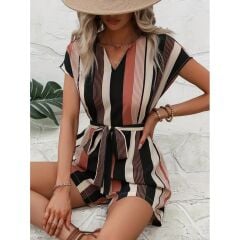 KISA KOLLU V YAKALI BELİ KUŞAKLI KETEN TULUM ÇİZGİLİ TULUM RENKLİ TULUM