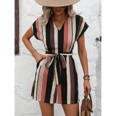 KISA KOLLU V YAKALI BELİ KUŞAKLI KETEN TULUM ÇİZGİLİ TULUM RENKLİ TULUM