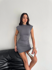 Yarım Bogazlı Kolsuz Mini Boy Elbise - Gri