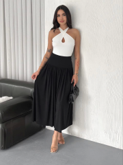 Sandy Uzun Beli Lastikli Yüksel Bel Etek Yazlık - Siyah