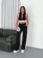 Osy Modal Yumuşak Dokulu Kumaş Tam Fermuarlı Crop Pantalon İkili Takım - Siyah