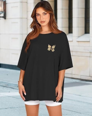 Kadın Bisiklet Yaka Baskılı T-shirt - Siyah