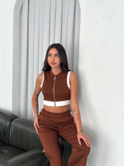 Osy Modal Yumuşak Dokulu Kumaş Tam Fermuarlı Crop Pantalon İkili Takım - Kahverengi
