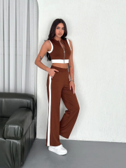Osy Modal Yumuşak Dokulu Kumaş Tam Fermuarlı Crop Pantalon İkili Takım - Kahverengi