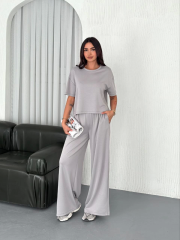 Osy Modal Yumuşak Dokulu Kumaş Bisiklet Yaka T-shirt Bol paça Pantalon ikili Takım - Boyalı Gri