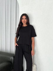 Osy Modal Yumuşak Dokulu Kumaş Bisiklet Yaka T-shirt Bol paça Pantalon ikili Takım -Siyah