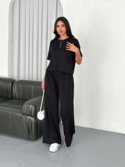 Osy Modal Yumuşak Dokulu Kumaş Bisiklet Yaka T-shirt Bol paça Pantalon ikili Takım -Siyah