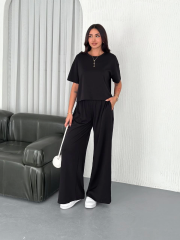 Osy Modal Yumuşak Dokulu Kumaş Bisiklet Yaka T-shirt Bol paça Pantalon ikili Takım -Siyah