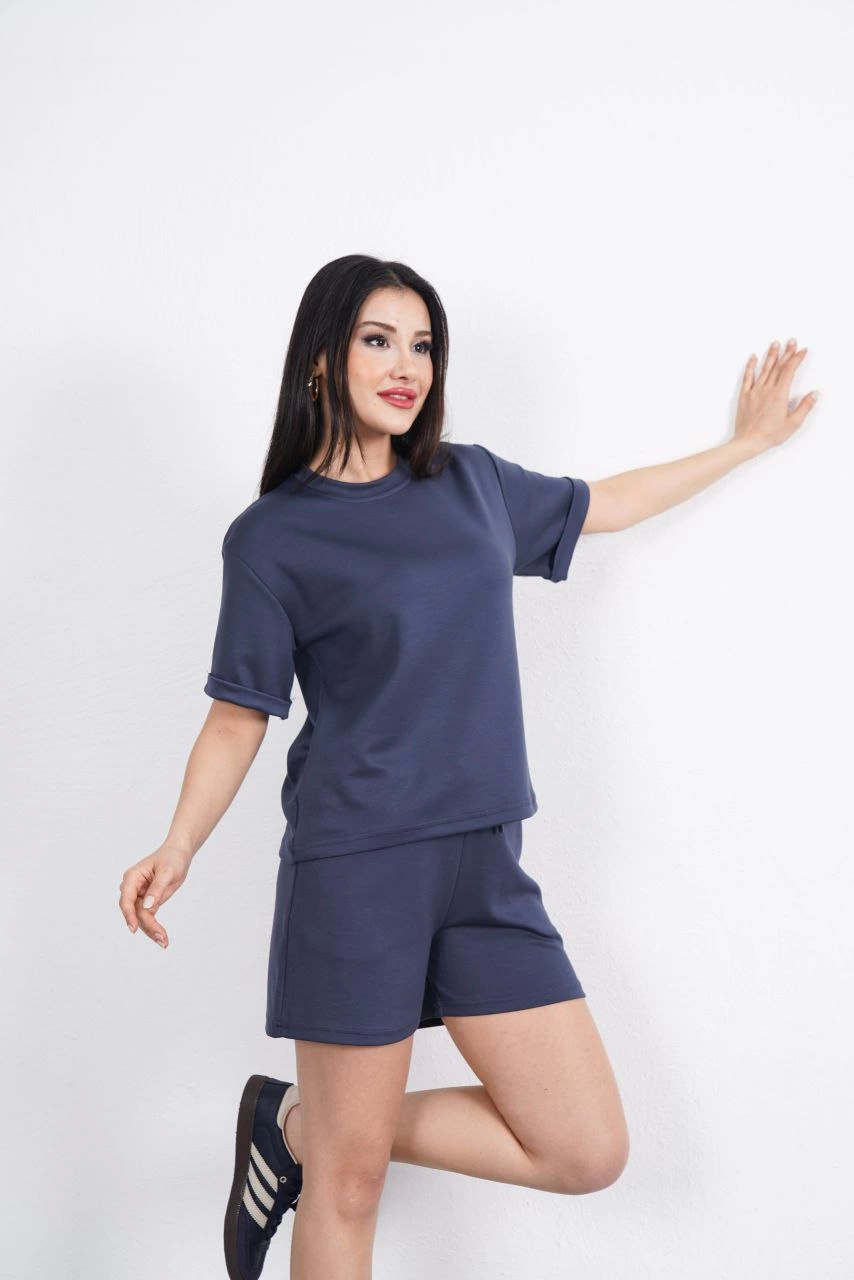 Osy Modal yumuşak dokulu Kumaş Kadın Bisiklet Yaka T-shirt Kısa Şort İkili Takım - Antrasit