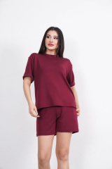 Osy Modal yumuşak dokulu Kumaş Kadın Bisiklet Yaka T-shirt Kısa Şort İkili Takım - Bordo