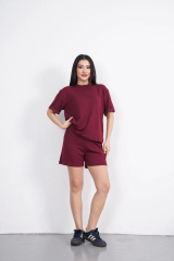 Osy Modal yumuşak dokulu Kumaş Kadın Bisiklet Yaka T-shirt Kısa Şort İkili Takım - Bordo