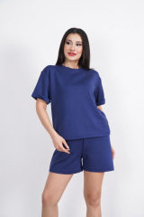 Osy Modal yumuşak dokulu Kumaş Kadın Bisiklet Yaka T-shirt Kısa Şort İkili Takım - Mavi